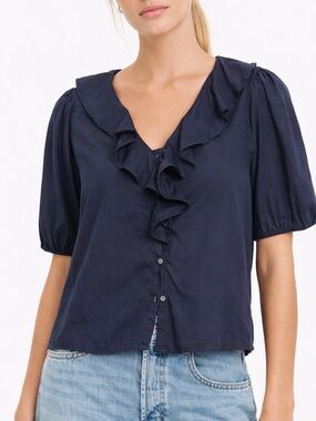 Old Navy Womens Blue Ruffle Collar Button Down Blouse Top Size Small NWT